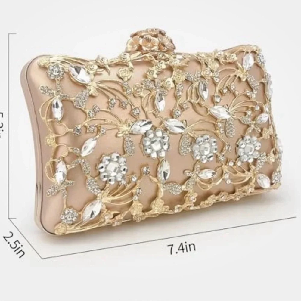 NWOT Elegant Gold Floral Clutch Comes With Detachable Gold Crossbody Strap